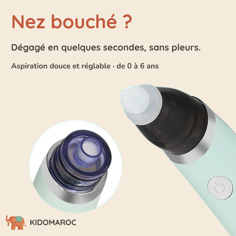 Gros plan sur l'embout en silicone et le réservoir séparable du mouche bébé électrique