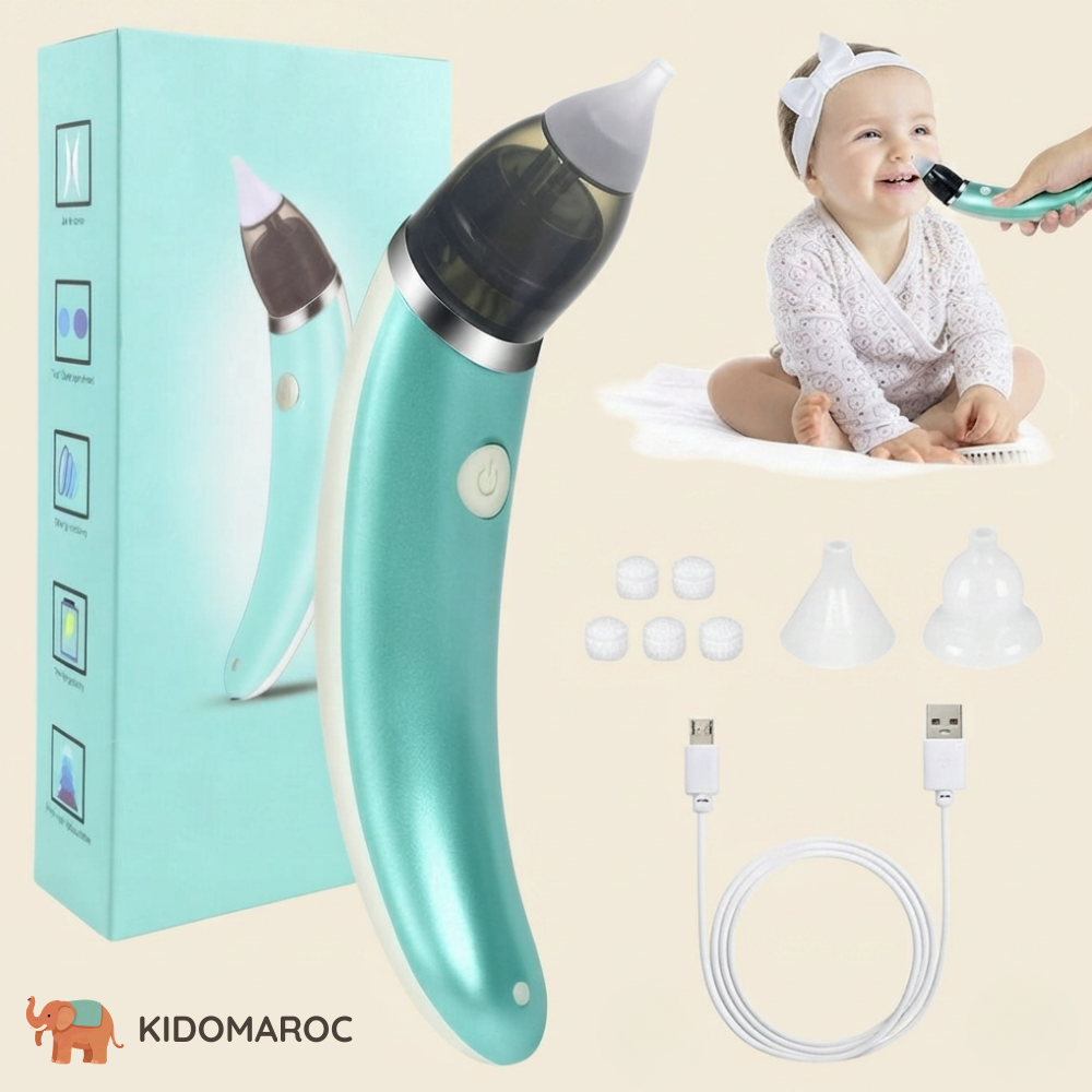 Mouche bébé électrique turquoise avec sa boîte, ses embouts en silicone et son câble de recharge USB