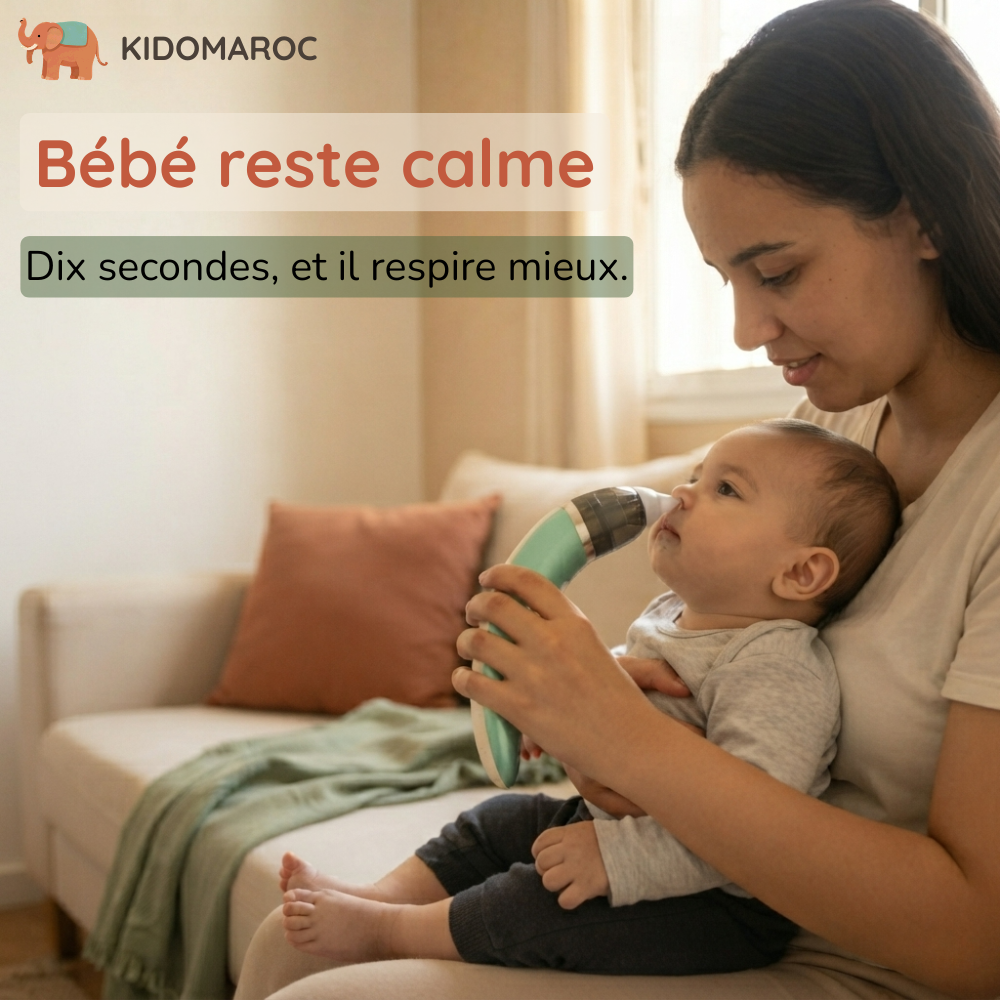 Maman qui utilise le mouche bébé électrique sur son nourrisson, calme dans ses bras sur le canapé