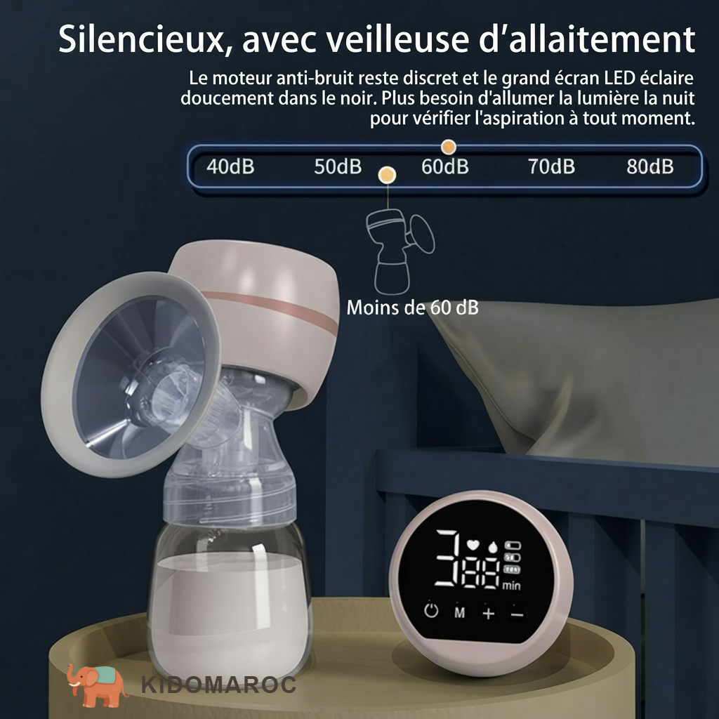 Tire-lait posé sur une table de nuit, écran LED allumé dans une chambre sombre